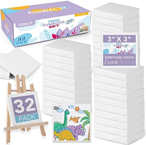 ESRICH Mini Canvases for Painting, Canvas in Bulk 32Pack, 3x3In, 2/5In Profile Small Square Canvas, Blank Canvases are Great for School Projects and Kids Birthday Parties, Home Decor Project.