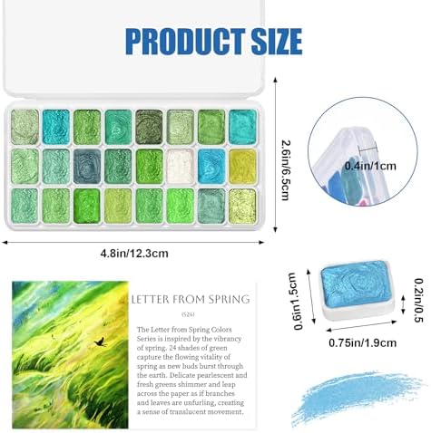 CraftyManor Mini Glitter Watercolor Paint Set with Paper, 24 Colors Shimmer Metallic Watercolour Painting Sets, Solid Pearl Water Color Paints for Adult, Green 1ml Trial Pack(Letter from Spring)