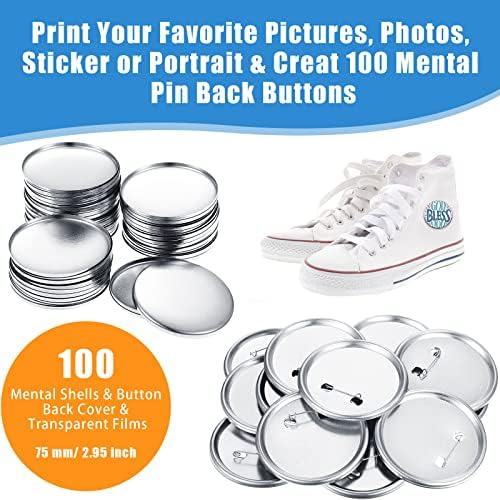 300 Pieces Blank Button Making Supplies Round Badge Parts Metal Pin Badge Kit for Button Maker Machine, Including Metal Shells Back Cover and Clear Film(3 Inch,Silver)