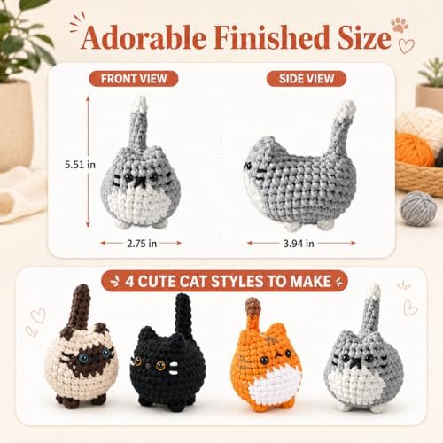 Esoes Crochet Kit for Beginners-4PCS Cat Crochet Kits for Adults, Amigurumi Crochet Animals Cat Crafts Crochet Kits, Holiday Gifts