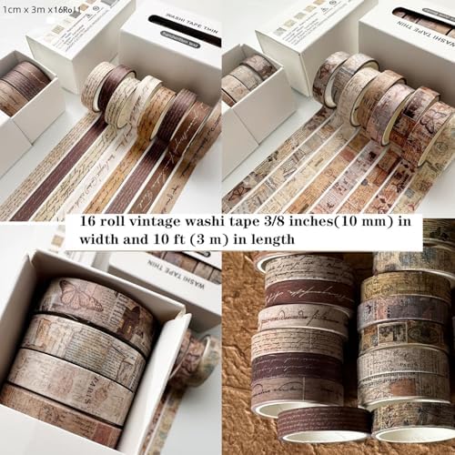16 Rolls Vintage Washi Tape Set with Handwritten Text, Retro Junk Books