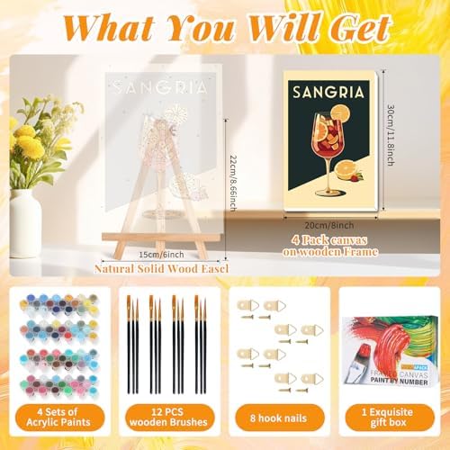 4 Pack Framed Paint by Numbers Kit for Adults, Retro Cocktail , 8 x 12 Inch | DIY Acrylic Painting by Numbers for Beginners, with Wooden Easel, Bar Home Wall Decor, Stress Relief Craft Gift