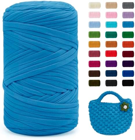 JeogYong T-Shirt Yarn, 400g/131 Yards Elastic Fabric Crochet Cloth T Shirt Yarn, Thick Hand Knitting Polyester Fabric Ribbon for Crocheting Bags/Baskets/Rugs, Home Decor, DIY Crafts (Lake Blue)