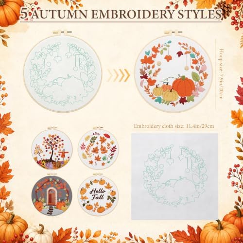 5 Sets Fall Embroidery Kits for Beginners, Autumn Pumpkins and Maple Leaves Embroidery Starter Kit for Adults Thanksgiving Gifts with Stamped Pattern DIY Needlepoint Kit Cross Stitch Set with 2 Hoops