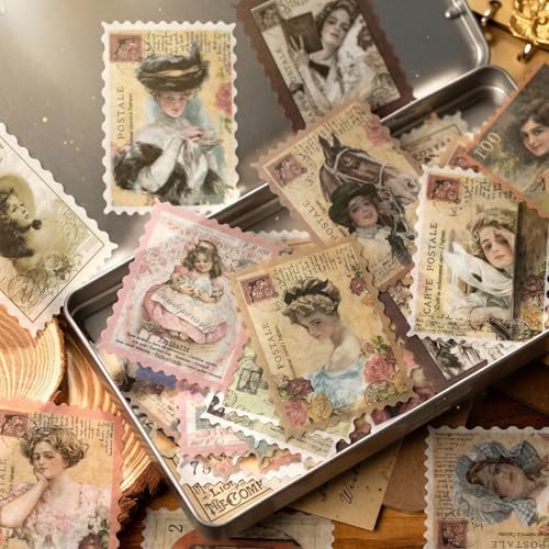 60pcs Vintage Postage Stamp Stickers, Aesthetic Classical Beauty Deco Paper Sticker for Scrapbooking, Journaling Supplies, Planners, Kid DIY Art Crafts