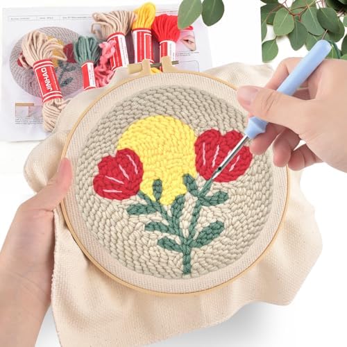 ERKOON Punch Needle Kit Adults Beginners, 2 Pcs DIY Easy Floral Embroidery Set for Starter Art Craft, Needling Punching Project with Patterns, Tools, Yarns, Hoop, Instruction (Rose)