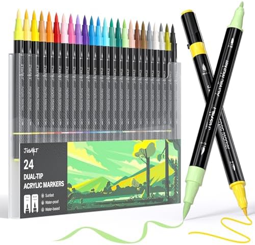 JusArt Acrylic Paint Markers 24 Colors, Dual Tip Art Supplies for Rock