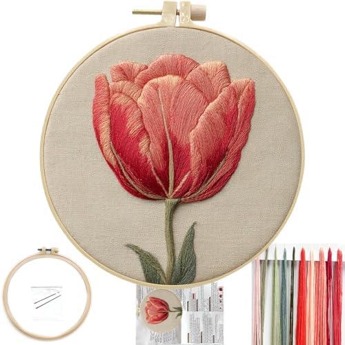 FONNUY Embroidery Kit for Beginners, Tulips Flowers Pre-Stamped Pattern Kits for Adults with Hoop, Easy to Follow Color Thread Needlework, 8'' Hoop (Red)