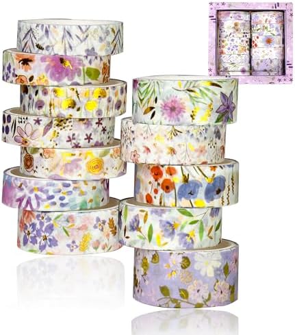 Washi Tape Set, Floral Washi Stickers, 12 Rolls Assorted Sizes, for Junk Journal Scrapbook Tape, Bullet Journaling Scrapbooking Supplies, Planner Sticker DIY Craft DéCor (Purple)