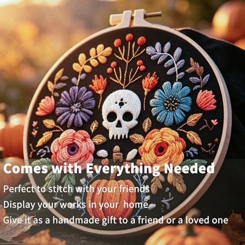 FONNUY Halloween Embroidery Kits for Beginners,Skull Pumpkin Spider Web Floral Stamped Cross Stitch Kit for Adults, Spooky Season Boho Wall Decor, 8'' Hoop (Skull 2)