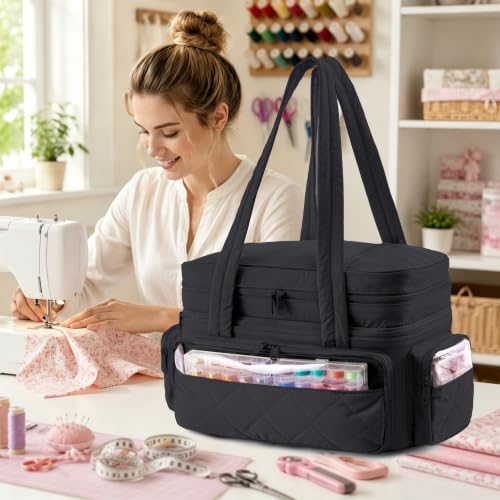 AMOIGEE Puffy Double-Layer Sewing Storage Bag with 2 Clear Organizer Boxes