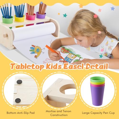 Kids Art Easel with Paper Roll Wooden Tabletop Paper Roll Dispenser