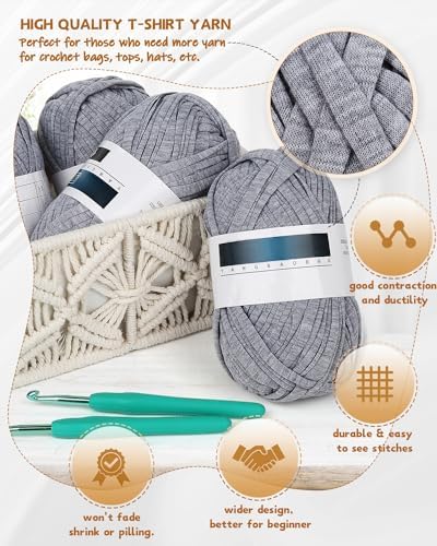 Katech 400g T Shirt Yarn for Crocheting, Elastic Fabric Yarn for Bag-Gray