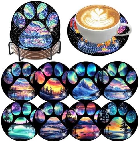 ijbnhd 8 Pcs Aurora Diamond Art Coasters Kits with Holder 4X4 Inch