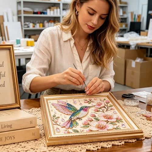 Pearl Art Kits for Adults Bird Flower DIY Beaded Embroidery Kits with Crystal Rhinestones Pearl Painting Craft Kit with Pre-Printed Canvas Handmade Home Wall Decor Gift (Hummingbird)