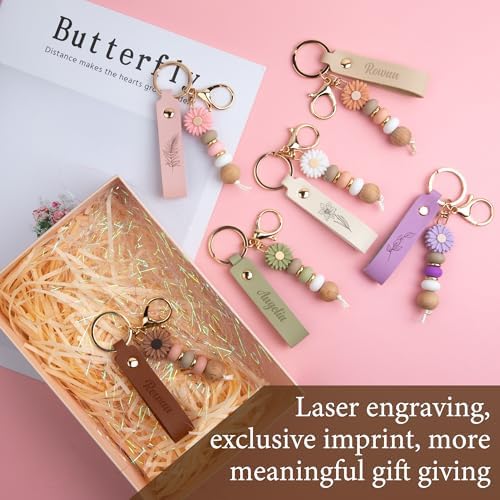 Starry 12/24PCS Daisy PU Leather Beadable Keychain Blanks Bulk Laser Engraving Blanks Keychain Kit Bag Purse Key Rings DIY
