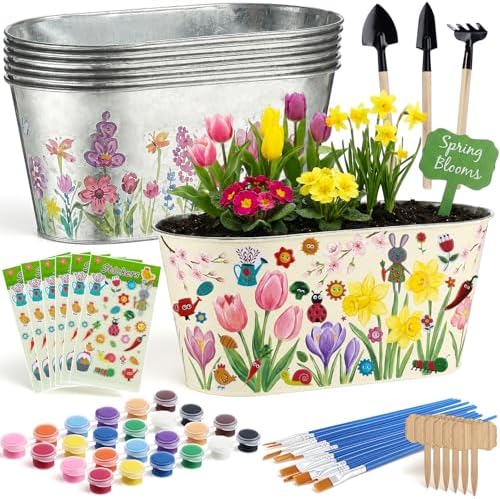 6 Sets Flower Pot Painting Kit DIY 6 Large Metal Iron Plant Pots Acrylic Paint Stickers Brushes Plant Labels Gardening Tool Kit for Planting Crafts Mother's Day Graduation Creative Gift