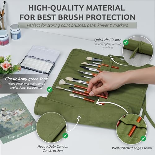 DUGATO 30-Slot Roll-Up Canvas Brush Holder with Lay-Flat Design, Army Green
