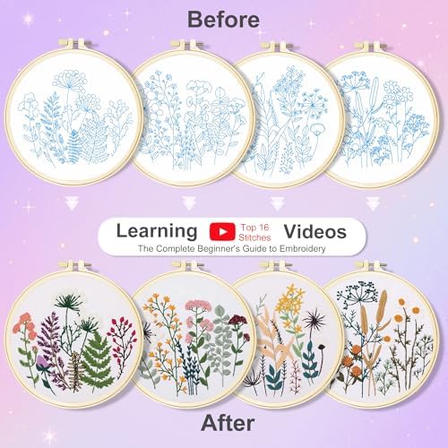 Huacan Embroidery Kit for Adults Beginners with 4 Hoops & Gift Box