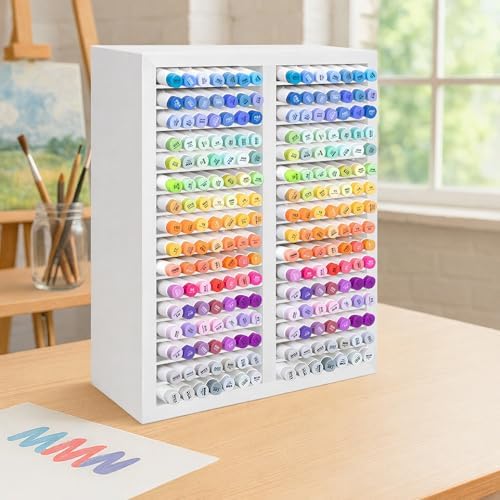PROLEE Marker Organizer for 224 Markers, Wooden Alcohol Marker Holder with 32 Compartments, Horizontal Art Pen and Pencil Storage Rack for Desk, Classroom and Studio, White