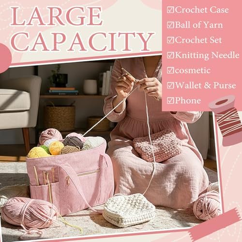 Bulyoou 2 Pcs Crochet Tote and Yarn Bag Set Corduroy Yarn Holder,Pink