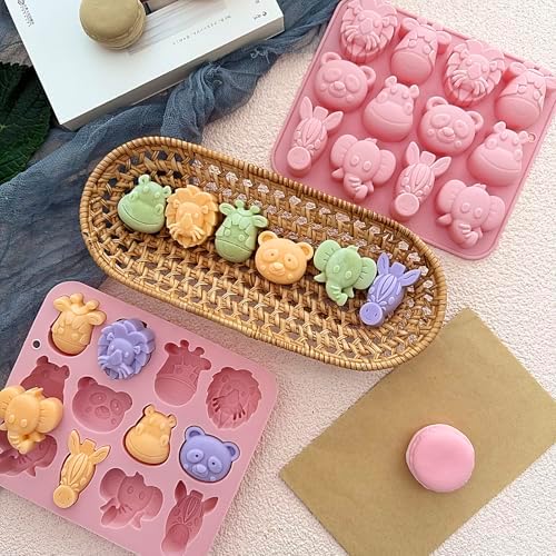 2-Pack Animal Chocolate Molds - Cute Silicone Candy Molds with Panda, Elephant, Hippo, Lion Shapes, Multi-Purpose for Chocolate, Jelly, Soap,Ice Cube Candle Making, Food-Safe & Easy to Demold