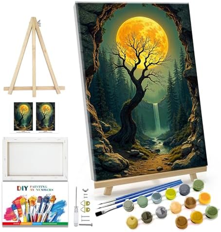 JOOZ Paint by Numbers Kit for Adults with Frame Moon Paint by Number with Easel Tree Adult Paint by Number Kits Framed Canvas Mountain Waterfall Oil Painting Kits for Gift Home Wall Decor 8x12 Inch