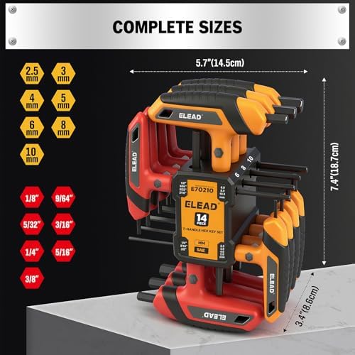 ELEAD 14-Piece T-handle Allen Wrench Set, Metric 2.5mm-10mm & SAE 1/8"-3/8" Portable Hex Key, Long Arm Allen Key Set with Storage Rack for Basic Home Repair and Mechanical Maintenance
