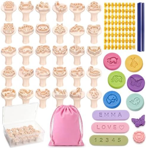 30 Pcs Animal Pattern Clay Modeling Stamp Set with 72-Character Letter Stamps and Storage Box, Animal Pattern Stamps for Polymer/Ceramic Clay, Pottery Craft, Cookie and Jewelry Making