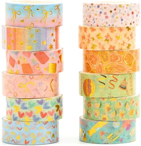 12 Rolls Charming Washi Tape Set Gold Silver Foil Detailing Arts Adhesive Tapes Basic Patterns Decorative Masking Tape Sets for Craft, Kids, Scrapbook, DIY, Gift Wrapping (Whimsical Pastels)