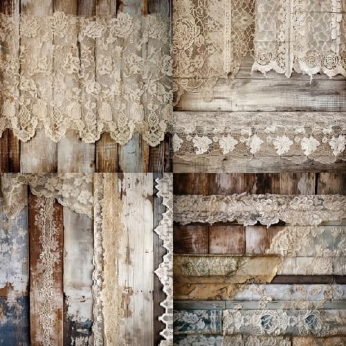 Vintage Lace Scrapbook Paper Pad, 6 x 6 Inch Rustic Wood Grain 160gsm Cardstock, 24 Sheets Shabby Chic Craft Paper for Bridal Album, Wedding Invitation DIY