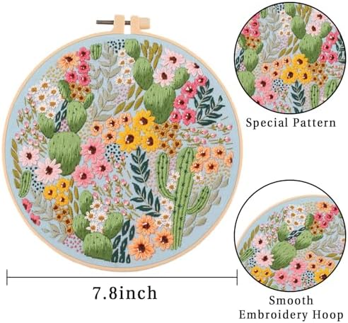 LB Pink Floral Embroidery Kit for Beginners Adults, 3 Sets Hand Embroidery Starter Kit with Cactus Flower Pattern and Instructions Stamped Cross Stitch Kits Include Embroidery Hoop Needles Threads