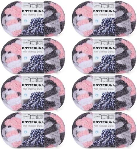 Chunky Yarn for Hand Knitting, #10 Chunky Blanket Chenille Yarn, Large Bulky Thick Jumbo Yarn, Super Chunky Knit Yarn for Crocheting, 8 Skein (8oz,20yds Each Skein), Tie Dye Pink&Grey&White