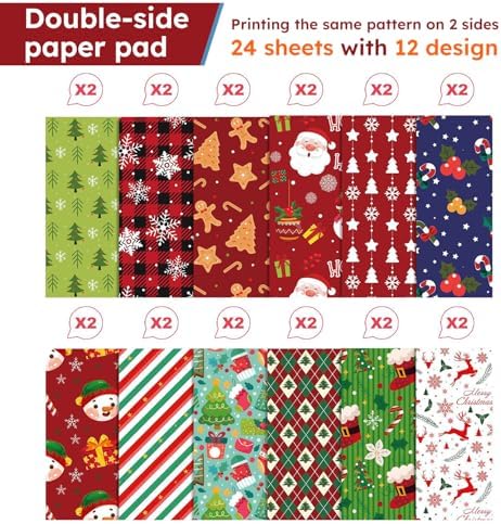12in Christmas Decoupage Scrapbooking Paper Pad - 24 Sheets Xmas Decal Patterns Designed Material for Cardstock DIY Crafts Journals Folded Origami Gift Wrapping Supplies