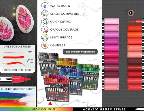 TOOLI-ART 22 Flexible Brush Tip Acrylic Paint Pens Markers Set 1-7mm Line for Rock Painting, Glass, Mugs, Wood, Metal, Canvas, Plastic. Non Toxic Waterbased Quick Drying Assorted Red