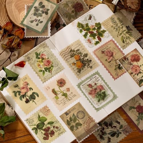60pcs Vintage Postage Stamp Stickers, Aesthetic Botanical Deco Paper Sticker for Scrapbooking, Journaling Supplies, Planners, Kid DIY Art Crafts, Bullet Journal Ephemera