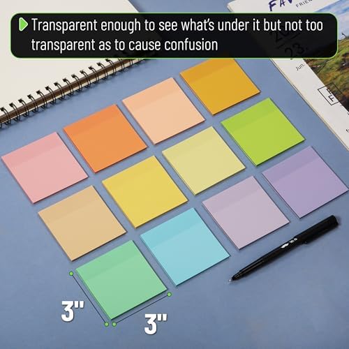 Mr. Pen- Transparent Sticky Notes, 3" x 3", 12 Pads, 600 Sheets | See Through Self-Adhesive Notes for Bible Journaling and Studying, Water-Resistant, Easy to Peel, Clean Removal