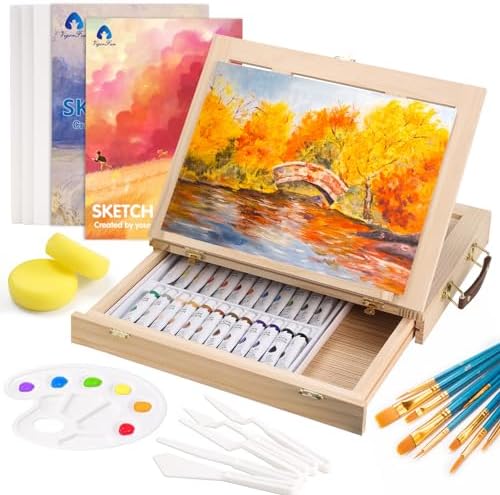 Watercolor Paint Set with Wooden Tabletop Easel, Portable Painting Supplies