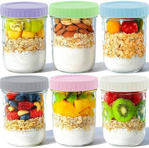 Miuyhji Overnight Oats Containers with Lids, 16 oz Glass Mason Jars, 6 Pack