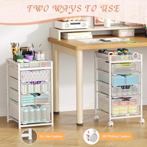 Rolling Utility Cart with 4 Drawers, Craft Organizer and Storage Carts with DIY Divider, Lockable Wheels Storage Organizer for Art Supplies, Store for Brushes & Paints & Artifacts, White