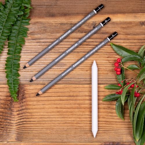 Staedtler Mars Lumograph Charcoal Pencils, Blister Pack of 3 Drawing Pencils (H, M, S) + 1 Blending Stump
