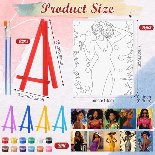 Blosssound 10 Set Charming Lady Pre Printed Canvas Pre Drawn Canvas Painting with Easel Kits 5" x 7" Sip and Paint Party Kit for DIY Art, Adult's Date Night