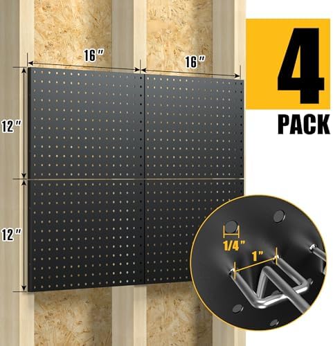 Spampur Peg Board, 4 Pack Metal Pegboard Panels with 50 Hooks, Black Pegboards Wall Organizer, Heavy Duty Peg Board for Walls Home, Garage Tool Storage, Office Organization, Craft Room, Kitchen