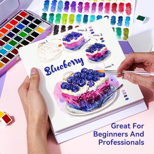 52 Colors Watercolor Paint Set for Adults, Vibrant Travel Water Colors Kit with Metallic Shades, Includes Brush, Pencil, Sponge, 5 Watercolor Papers & Black Pen, Portable, Purple Case