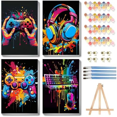bleihum 4 Pack Paint by Numbers Kit for Kids with Frame Wooden Easel Game | Video Game Paint by Number Canvas, Controller Painting by Numbers Gifts for Gamers Teen Boys Room Decor 8x12 Inch