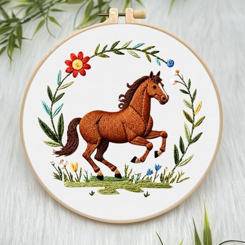 ERKOON Embroidery Kit for Beginners Adult, Cross Stitch Set Include Embroidery Cloth Hoop Threads for Craft Lover Hand Stitch with Embroidery Skill Techniques (Horse)