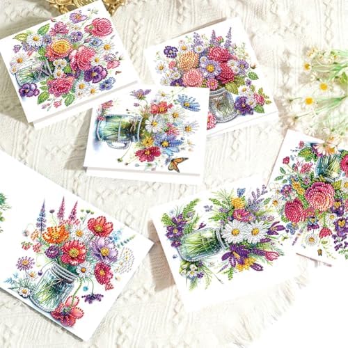 Diamond Art Cards with Envelopes–6PCS DIY Diamond Painting Greeting Cards Kit | Card Making Kit with Bling for Adults & Beginners | Birthday,Holiday & Thank You Cards (Bouquet)