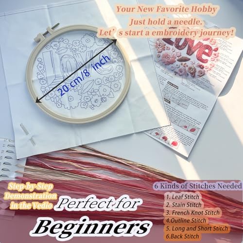 FONNUY I Love You Embroidery Kit for Beginners, Pre-Stamped Pattern Kits, Romantic Anniversary for Women Men, Valentine's Day Gifts Thread Needlework, 8'' Hoop (Love 02)