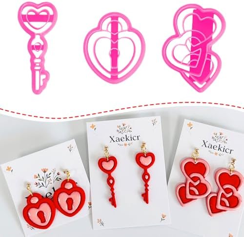 Xaekicr Heart Lock and Key Clay Cutters Set – 3PCS Polymer Clay Cutters for Earrings, Valentine’s Day Clay Earring Cutters, Polymer Clay Molds for Jewelry Making, Clay Tools