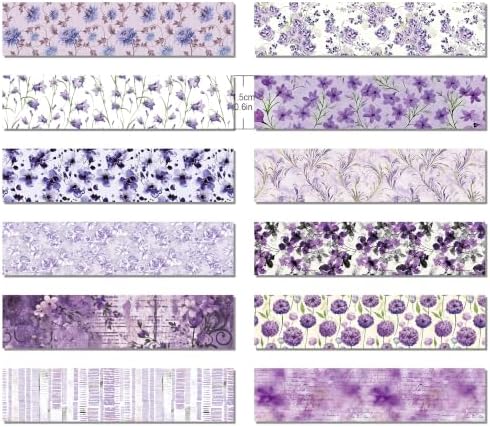 Purple Floral Washi Tape Set - 12 Rolls Decorative Masking Tape Crafts